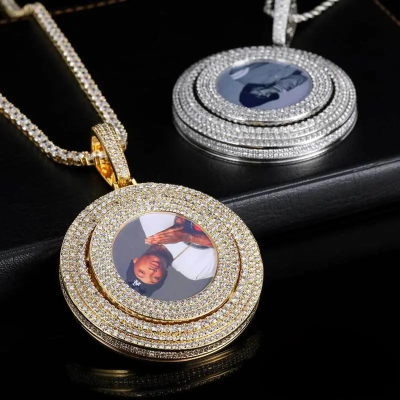 [ICE HUE] Unisex 18K Gold Vacuum Plated Copper Spinning Custom Memory Round Photo Pendant Necklace, 5A+ Sri Lanka Zircon, Statement Necklace, Long Chain, Rhinestone Accents, Luxury Costume Jewelry for Daily Wear, Gift