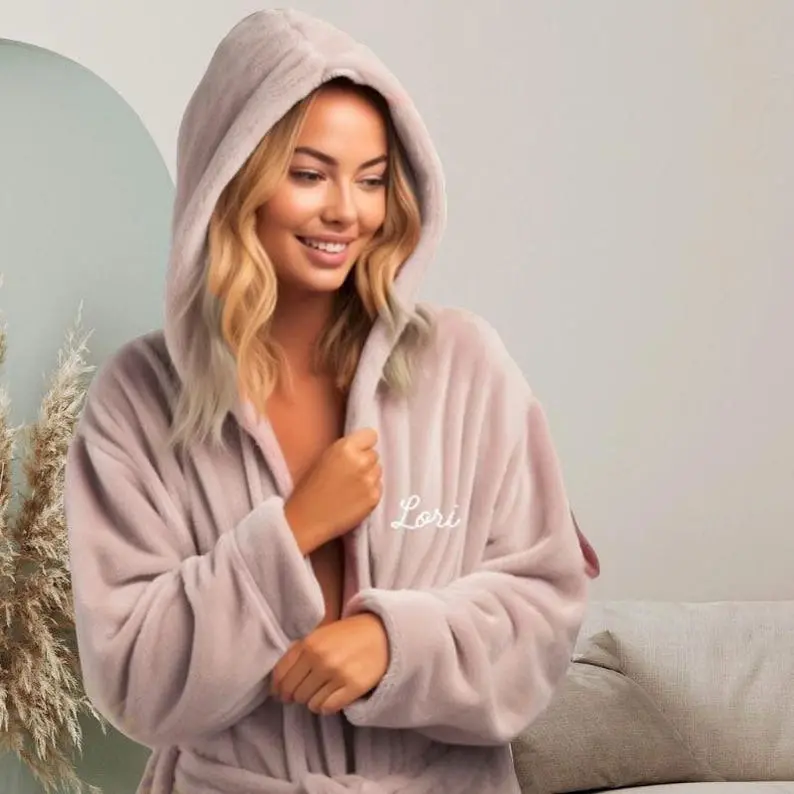 Embroidery Hooded Robe, Plush Robe for Women, Luxurious Loungewear, Perfect Personalized Gift, Ladies Hooded Bath Robes