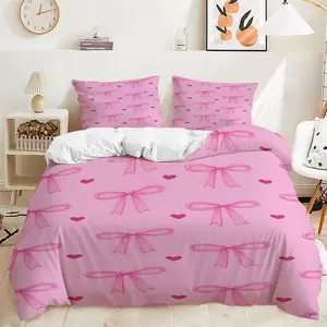 2/3Pcs Pink Bow Duvet Cover Set, Light and Dark Pink Hearts Bedding Set, Decorative Duvet Cover, Cozy and Cute, Ideal for Girls' Bedroom Decor, Soft Fabric for Comfort, Includes 1 or 2 Pillowcase - No filling/Zipper Closure