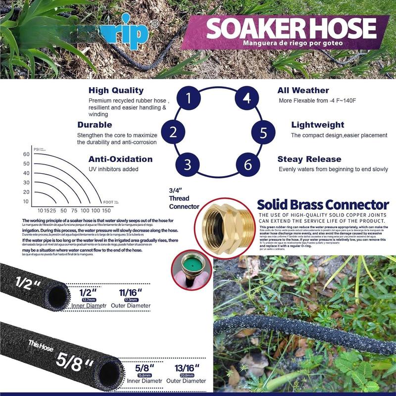 5/8" 15FT Heavy Duty Soaker Hose with Brass Connectors  Ultra-Flexible Drip Irrigation for Gardens, Lawns & Raised Beds