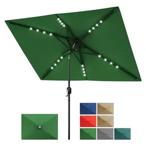 Garvee Rectangular Solar Umbrella 10 x 6.5 ft with Lights, Crank and Tilt Button, Durable 6-Rib Market Table Umbrella for Outdoor Use