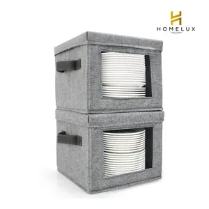HOMELUX THEORY Hard Shell China Storage Containers for Dishes, 2pcs 10"x8" Plate Storage, Square Storage Containers with Lid, Heavy Duty Fine China Dish and Dinnerware Storage with 30 Felt Pads