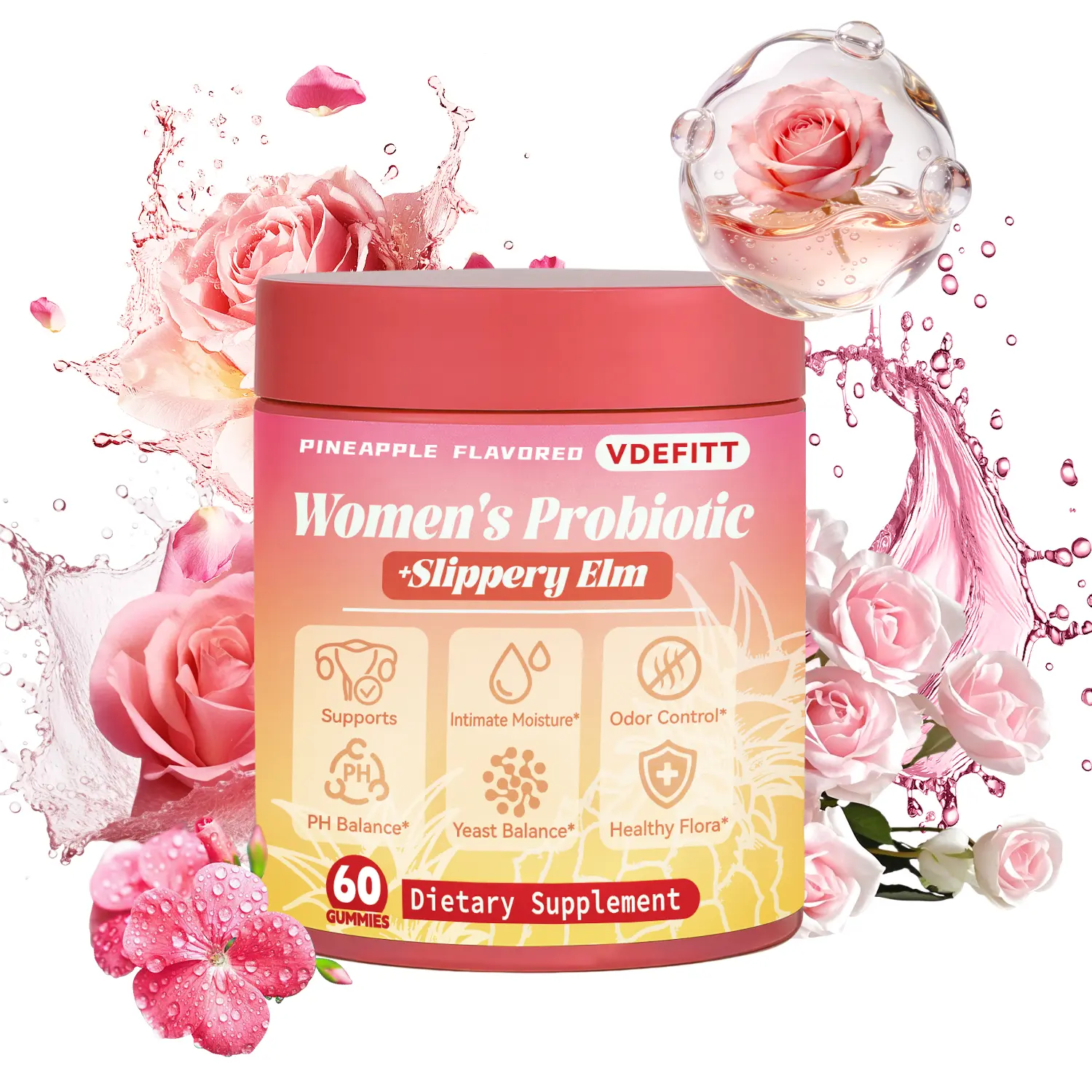 Women's pH Balance Gummies | Pineapple Flavor | Slippery Elm, Prebiotics & Probiotics | Supports Dryness Support, Freshness & Feminine Wellness | 60 Count | Probiotics Women