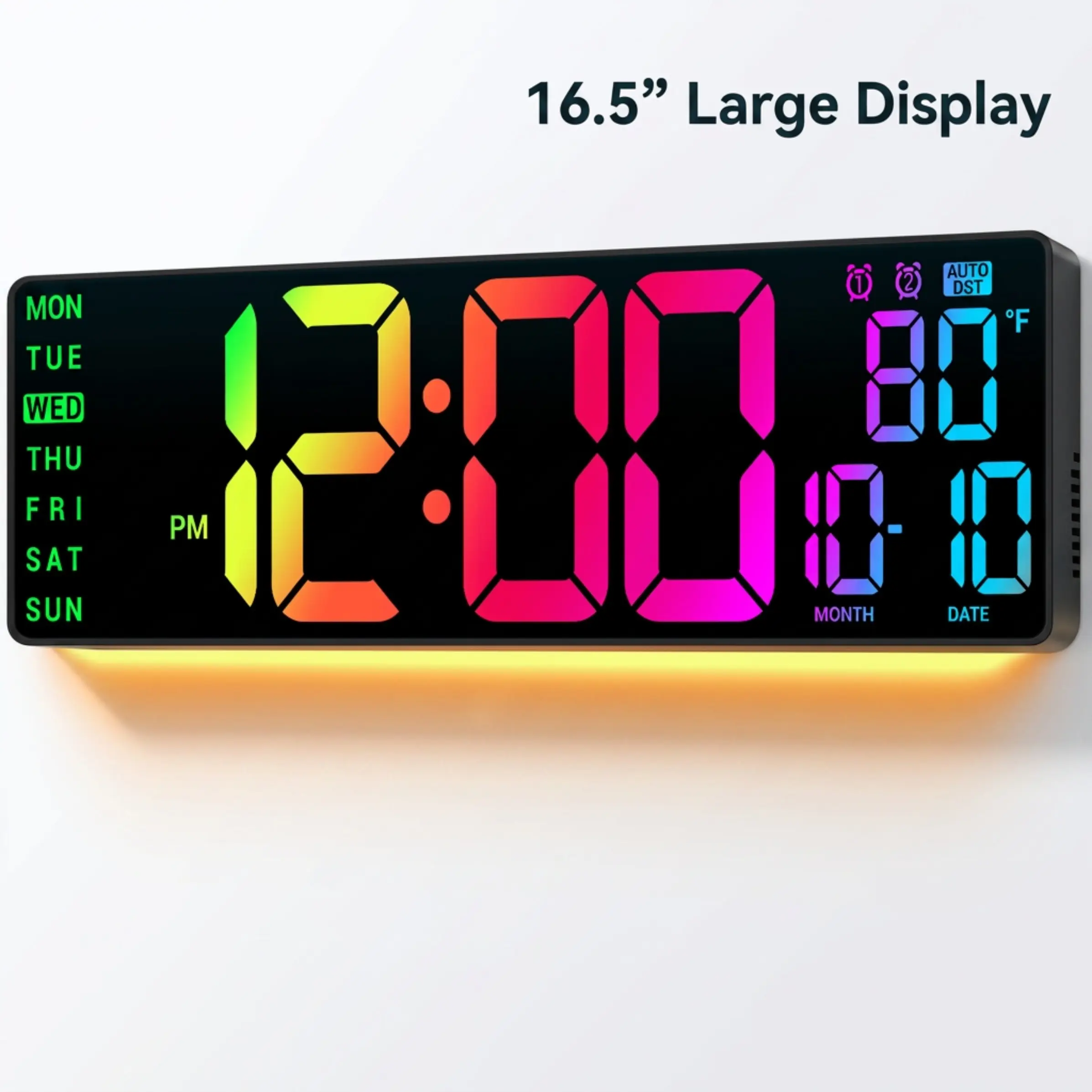 16.5" Large LED Wall Clock with RGB Lights - Remote Control, 11 Color Modes, Big Display for Easy Reading, Dual Alarms, Temperature, Auto DST, Gaming Room & Living Room Decor