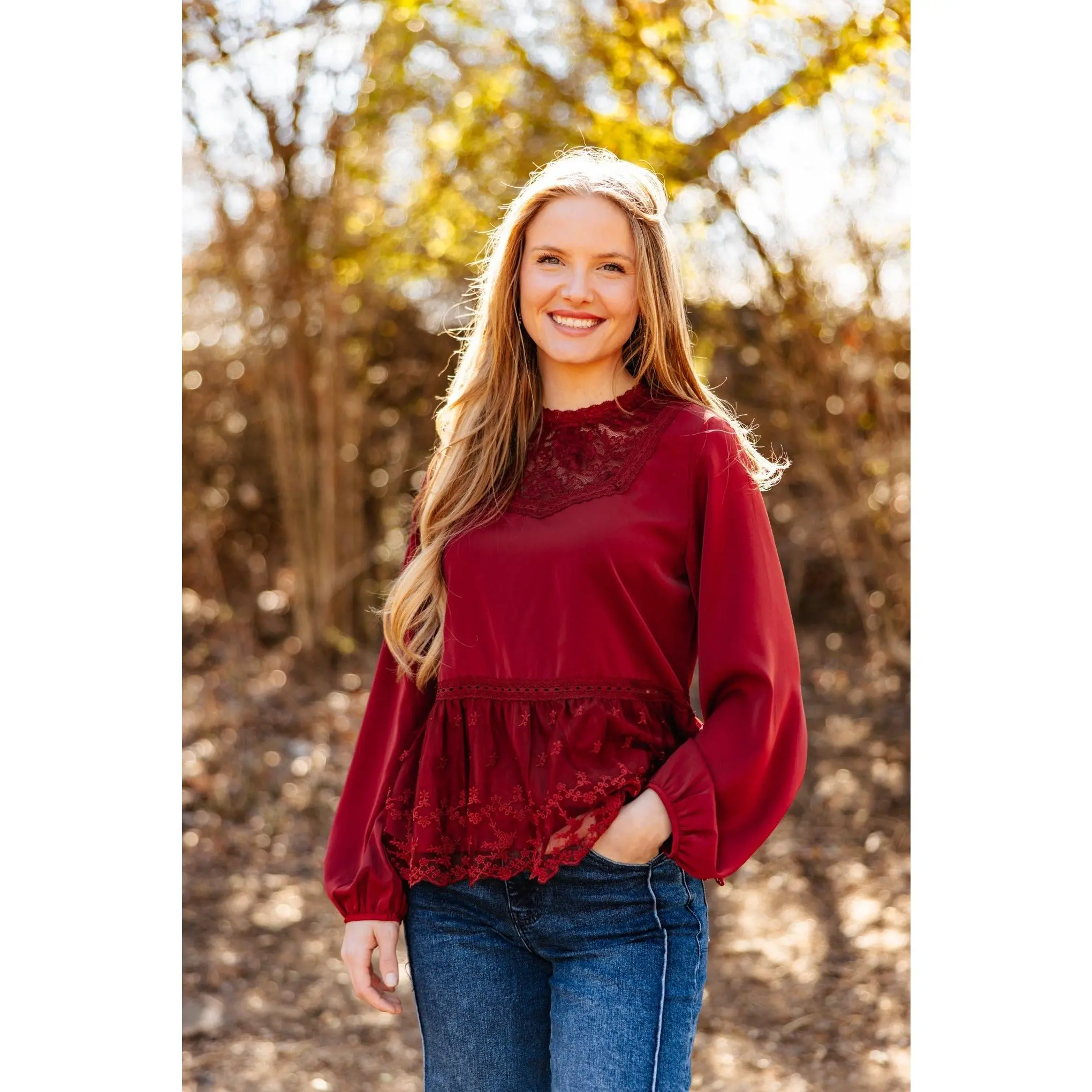 High Neck Blouse with Lace Peplum, Maroon