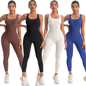 Womens Solid Color Ribbed Yoga Jumpsuit - Slim Fit, Sleeveless & Stretchy Activewear Bodysuit for Fitness, Sports, and Everyday Style