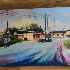 Polytechnic Inside by Joshua Lasekan.  Canvas . Size 20 x 30 inches. Colorful Street Scene Painting with Two Figures and Urban Elements. Wall Art.  Ready to hang.