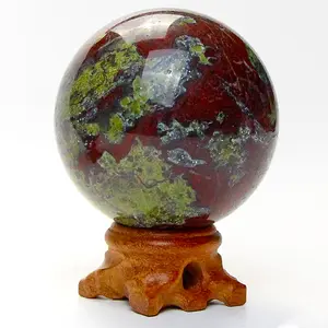 Dragon Blood Jasper Sphere Crystal Divination Sculpture Figurine Gemstone Ball Feng Shui Chakra Aura Home Desk Decor Decorative Collection with Stand