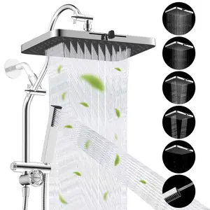 Hibbent Upgraded 13'' Shower Head Combo, High Pressure 5-spray Rainfall Showerhead, Stainless Steel 4 Modes Handheld Spray, All Metal 4-way Diverter Valve, Extension Arm, 71'' Hose and Holder, Chrome