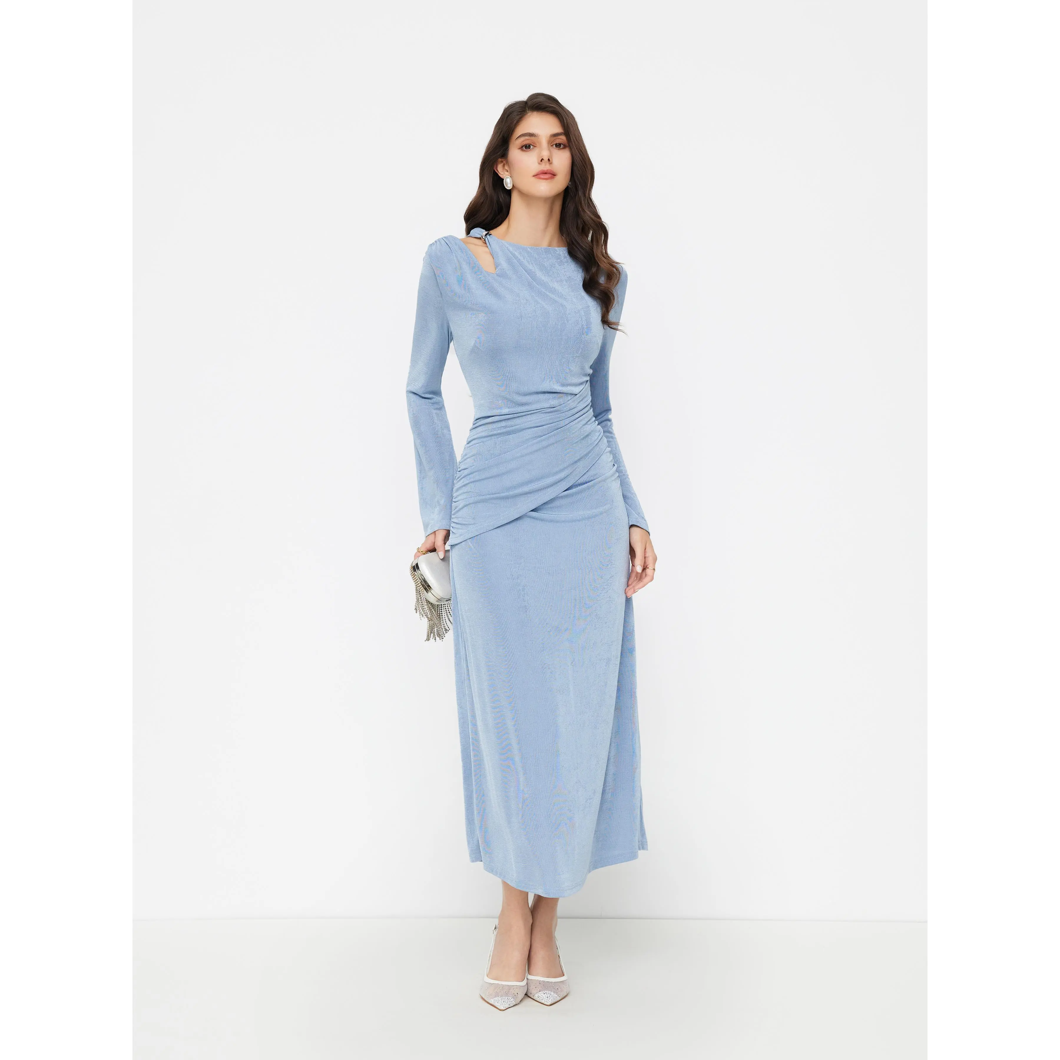 Cider Asymmetrical Neck Ruched Texture Metal Maxi Dress SwimWeek - TikTok  Shop