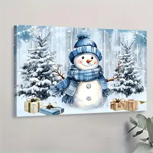 Framed Canvas  Art Poster - Christmas Wall Art for Living Room - Cute Blue Snowman and Pine Tree - Rustic Wood Canvas Framed Wall Art - Winter Snow Pictures Wall Decor - For Home Decor - Perfect Gift for Christmas Ornaments Photo Decoration Print