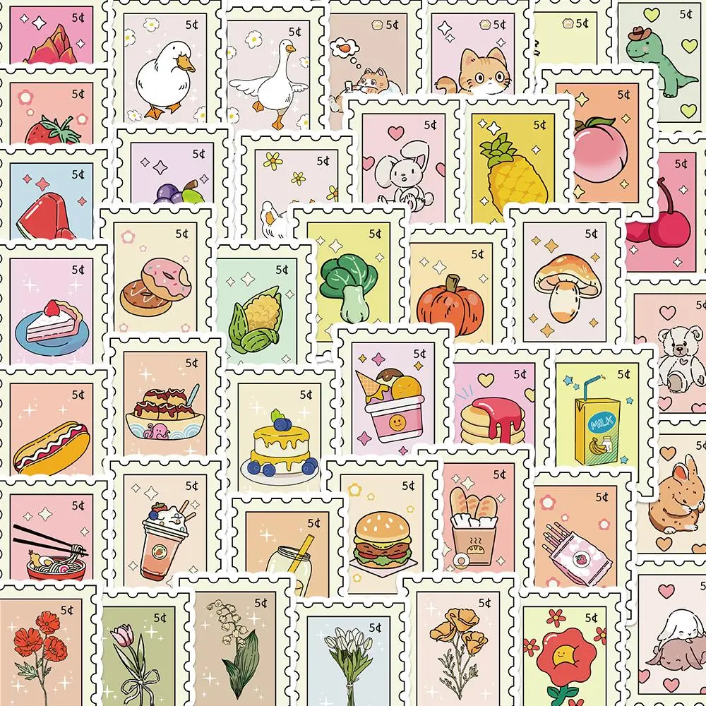 Food Themed Stamp Sticker, 50/1000pcs Cute Cartoon Food Pattern Sticker Packs, DIY Decorative Decal Funny Stickers for Phone Case Water Bottle Scrapbooking Ephemera Crafts Kit
