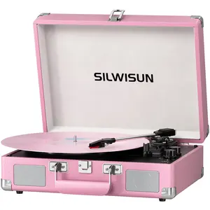 SILWISUN Vinyl Record Player with Speakers Vintage Bluetooth Turntable, Battery Powered Portable Pink Vinyl Player, Retro Suitcase Phonograph, 3-Speed Lp player  RCA Out AUX in Headphone Jack