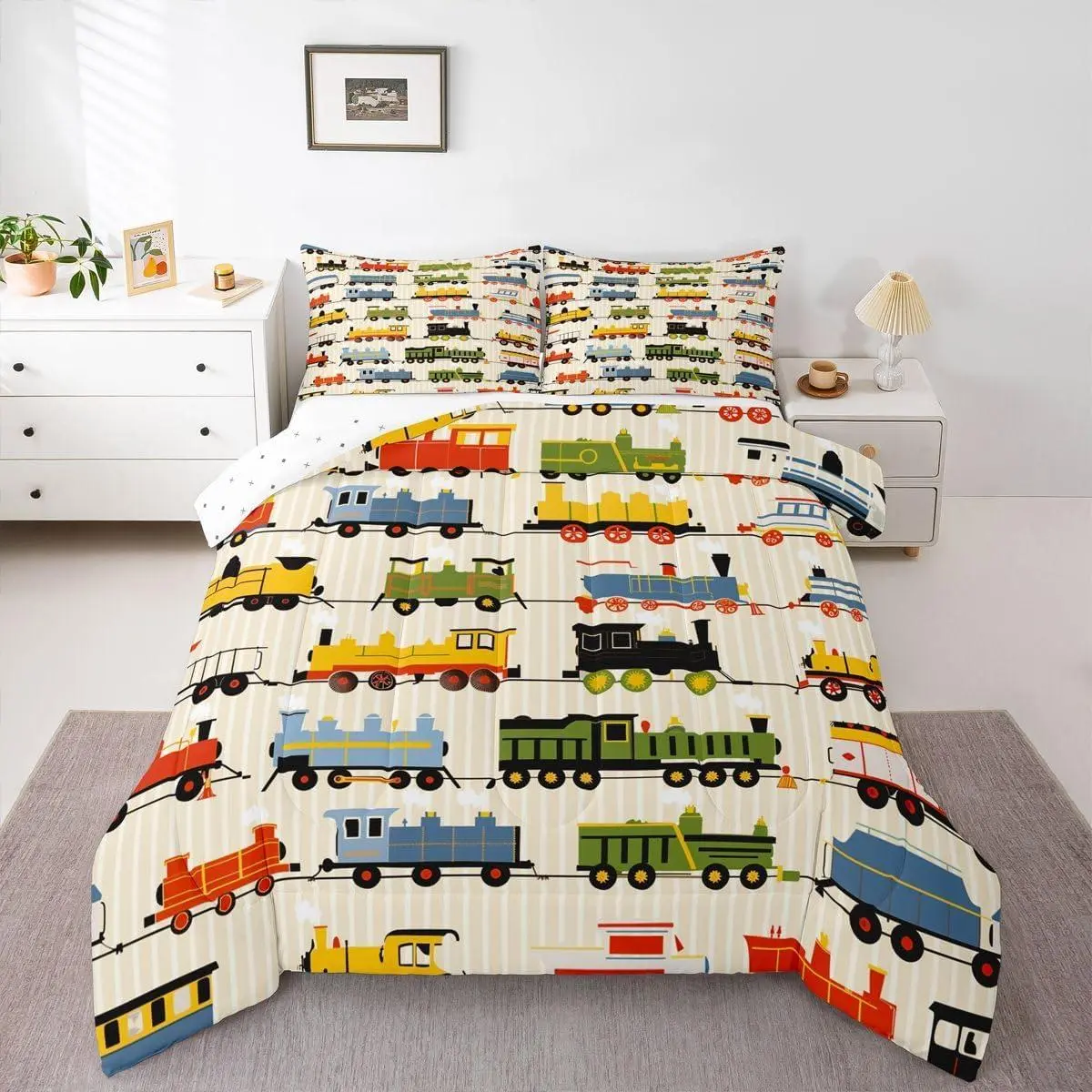 Train Comforter Set - & - Colorful Steam Engine Bedding Sets - Cartoon Train Transportation Locomotive Train Comforter,Beige
