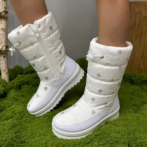 Women's Cozy Winter Snow Boots - Warm Fleece-Lined, Thick Sole, Mid-Calf with Side Zipper, White with Snowflake Pattern - Perfect for Cold Weather Comfort  Walking Shoes Girl Footwear Rubber Platform Orthotic Bedroom Tactical Sweat