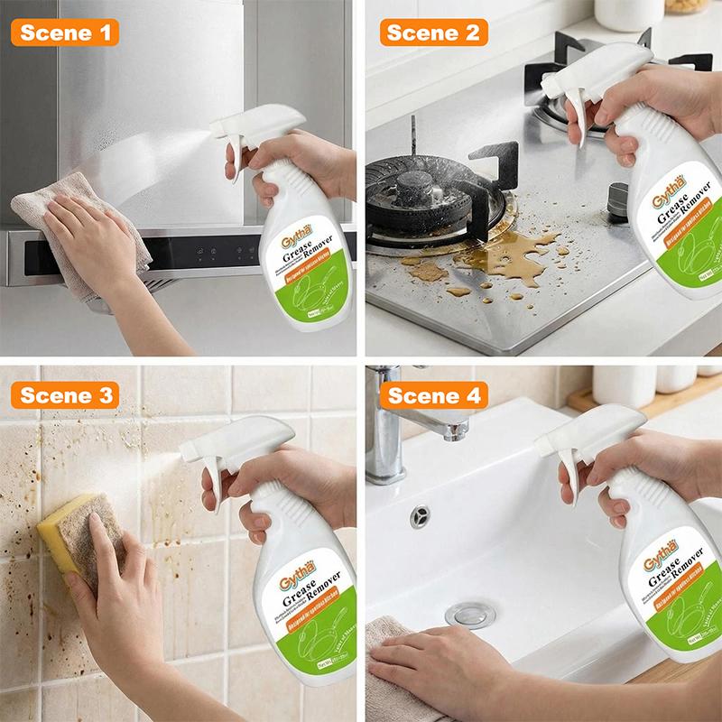 (Two-bottle pack) Kitchen cleaning spray effectively removes kitchen grease and grime. This multi-purpose degreaser is suitable for heavily soiled areas such as countertops, ovens, cookware, and range hoods.
