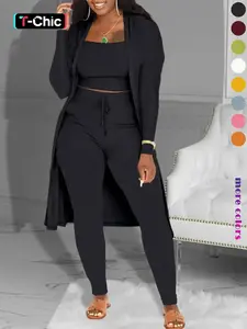 Three-Piece Set Solid Ribbed Square Neck Crop Top & Drawstring Waist Pants & Open Front Outerwear Set, Elegant Chic Cozy 3 Counts Outfits for Daily Wear, Womenswear Ladies Co-ord Sets