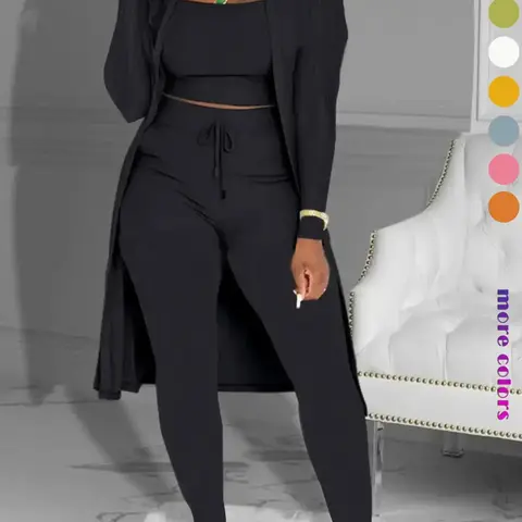 Three-Piece Set Solid Ribbed Square Neck Crop Top & Drawstring Waist Pants & Open Front Outerwear Set, Elegant Chic Cozy 3 Counts Outfits for Daily Wear, Womenswear Ladies Co-ord Sets