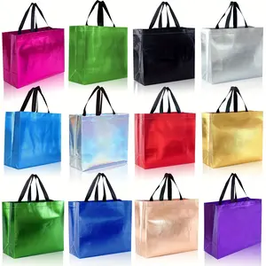 24 Pack Rainbow Holographic Gift Bags with Sturdy Handles - Reusable Medium Non-Woven Party Favor Bags for Birthdays, Weddings, Christmas - Vibrant Gradient Colors & Durable Holographic Effect, Multi-Purpose Carry Bag, Holographic Fabric