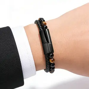 Stainless Steel Bracelet Tiger Eye Stone Beads Bracelet Natural Lava Stone Beads Stainless Steel Bracelet Men Women Jewelry