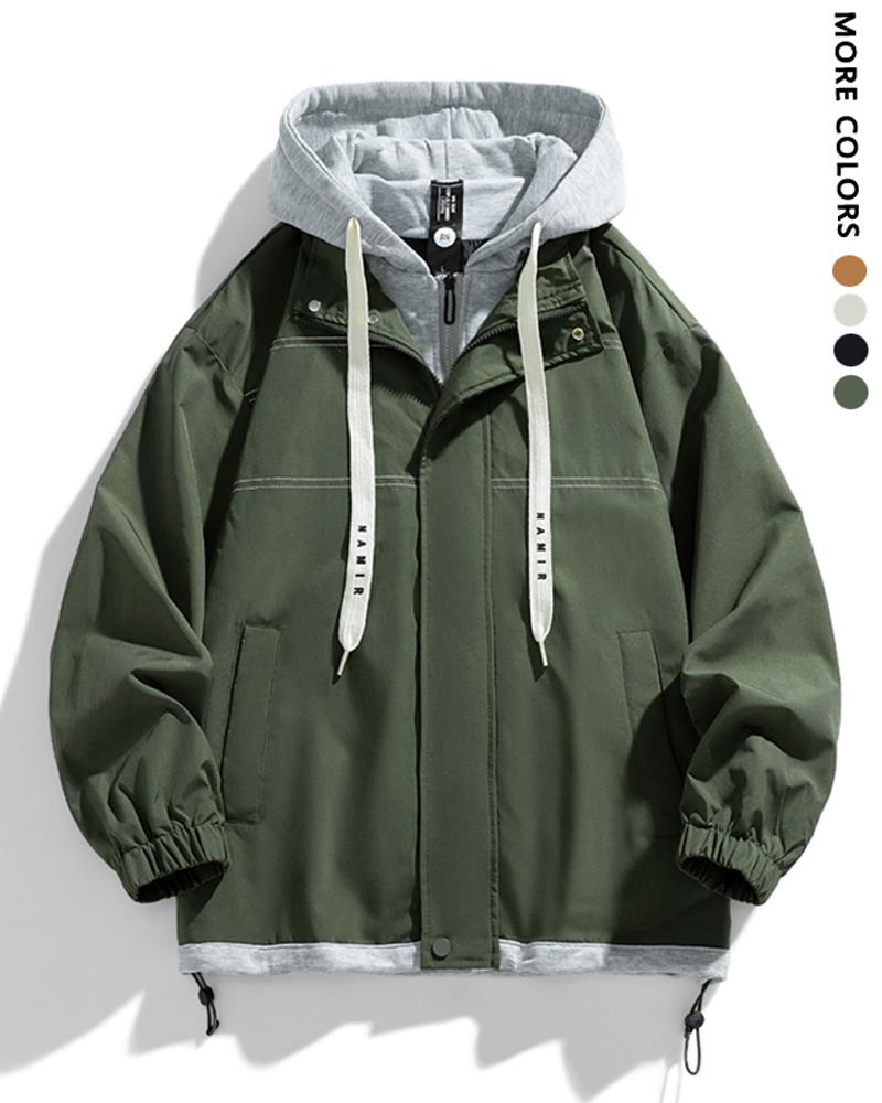 Men's multi-color spliced fake two-piece pocket long-sleeved lace-up hooded jacket, suitable for commuting, outdoor activities, and sports wear. It is a must-have thick jacket in autumn and winter. Men's multi-color spliced fake two-piece pocket long-sleeved lace-up hooded jacket, suitable for commuting, outdoor activities, and sports wear. It is a must-have thick jacket in autumn and winter.