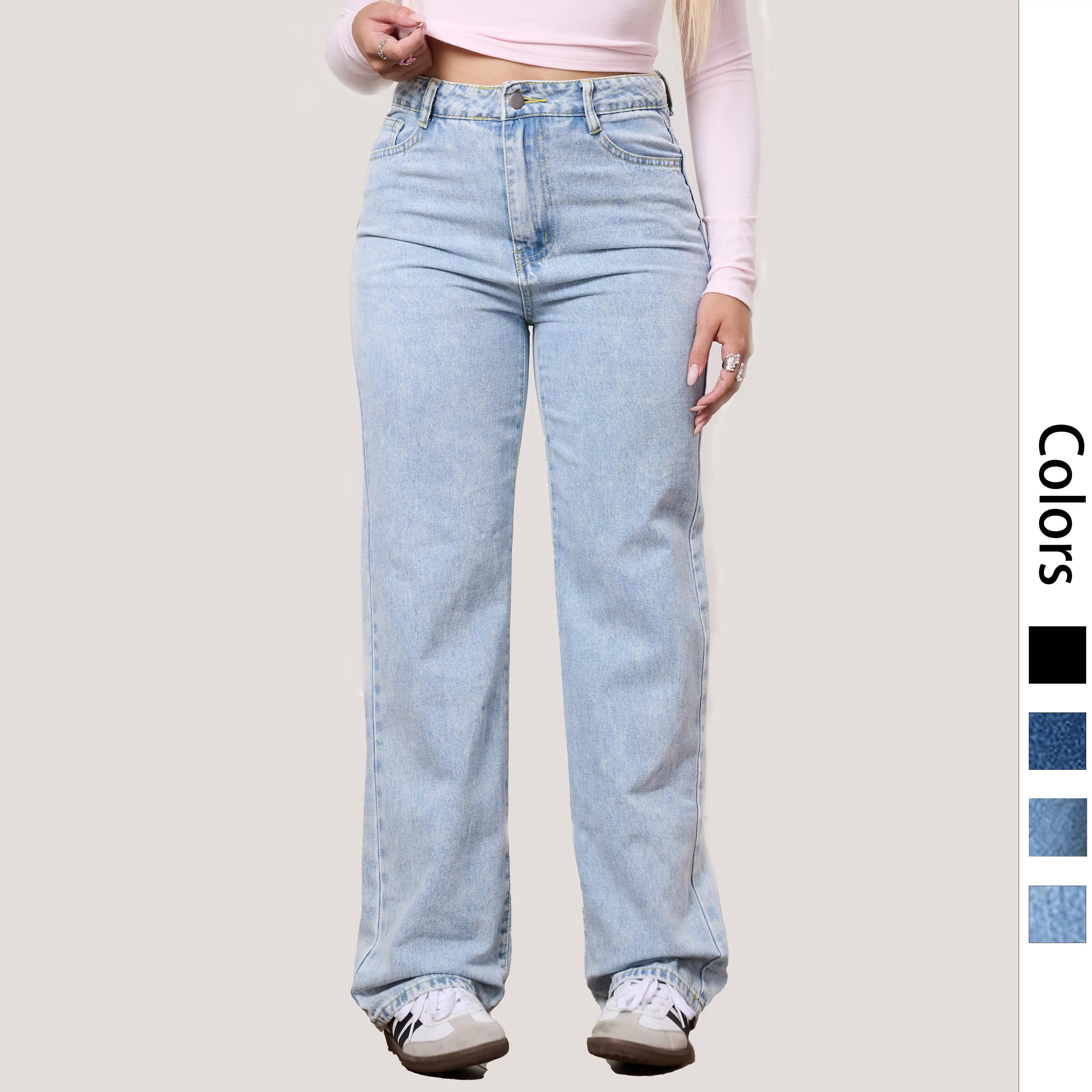 Women's Non-Stretch Denim Jeans, Mid-Rise Straight Wide-Leg Pants for Casual Office Wear with Pockets, Fabric, Pants For Women, Bottom, Minimalist, Wide Legs, Pocketed, Basic, Do Not Bleach, Office To Weekend Ready, Office-Casual Style With Easy Polish