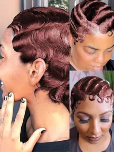 Pixie Cut Curly Wave Human Hair Wig Finger Wave Wig for Women 13x4 Transparent Lace Frontal Wig