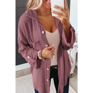 Fiery Red Pink Roll Tab Sleeve Ribbed Cording Shacket