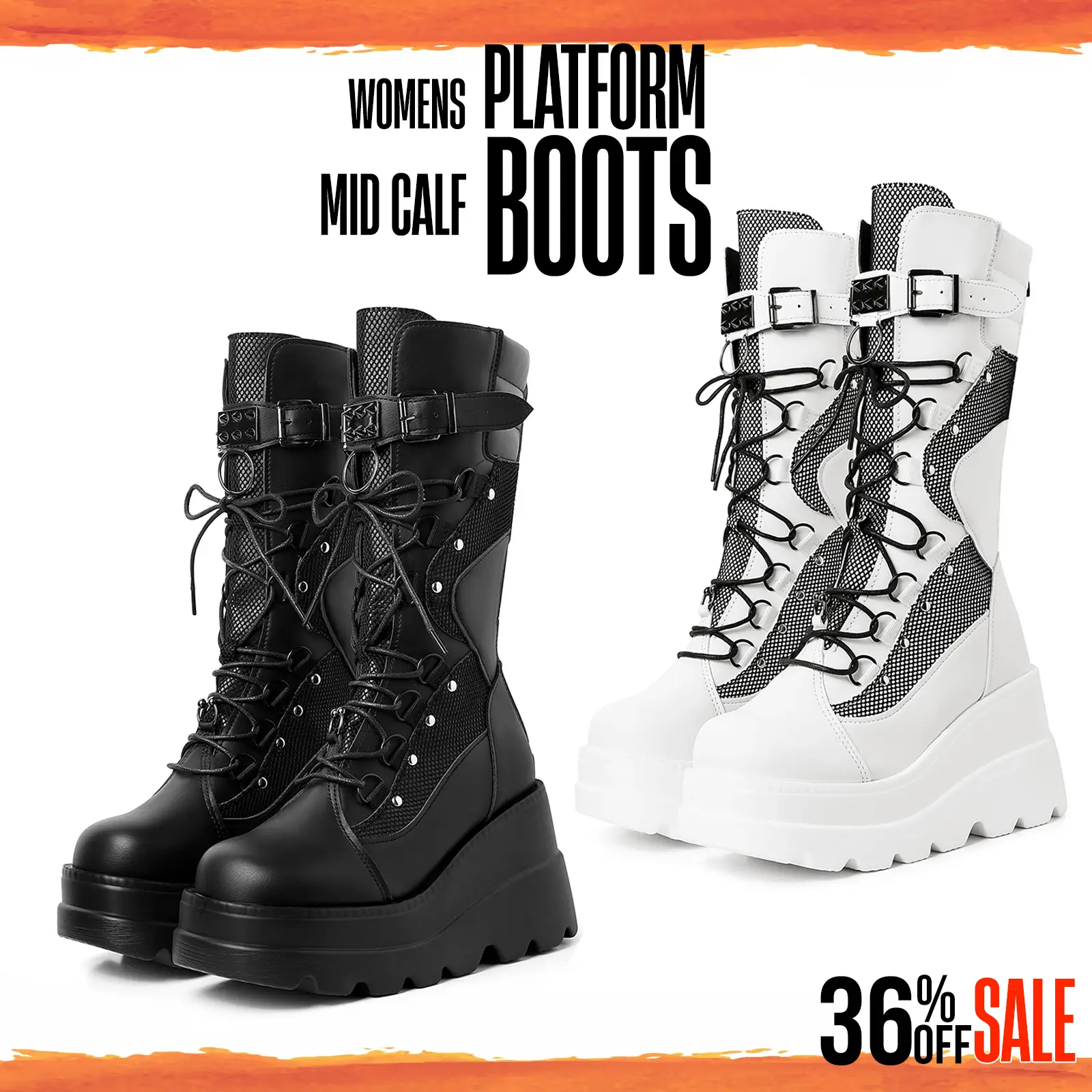 CYNLLIO Womens Platform Mid Calf Boots Chunky High Heel Rave Outfit Wedge Boots Goth Zipper Closure Lace Up Combat Round Toe Motorcycle Boots Rivora S