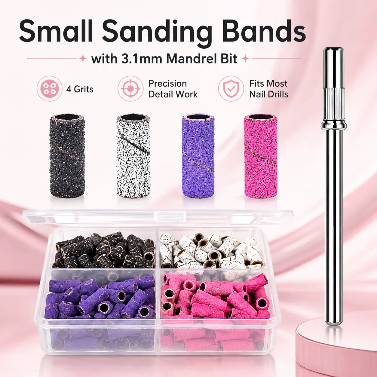 100PCS Small Sanding Bands with 3.1mm Mandrel Bit, 4 Grit Nail Sanding Ring Set for Acrylic & Poly Gel Nails, Cuticle Trimming, Nail Edge Prep, Shaping Polishing Manicure Pedicure Supplies with Organizer Storage Box