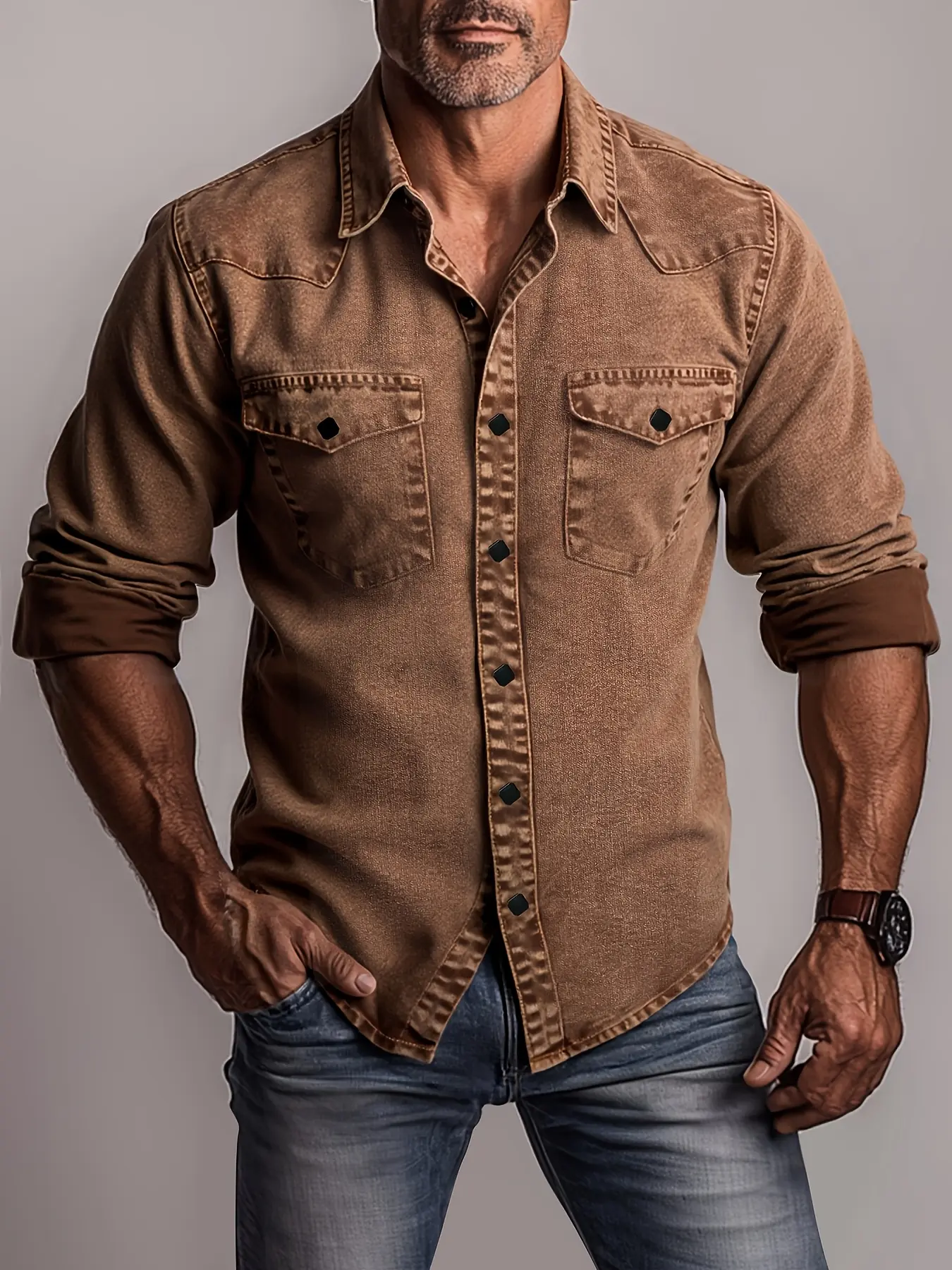 Menswear Collared Plain Long-Sleeves Vintage Washed Denim Shirt - Men's Loose-Fit Casual Work Top with Button Closure and Chest Pocket