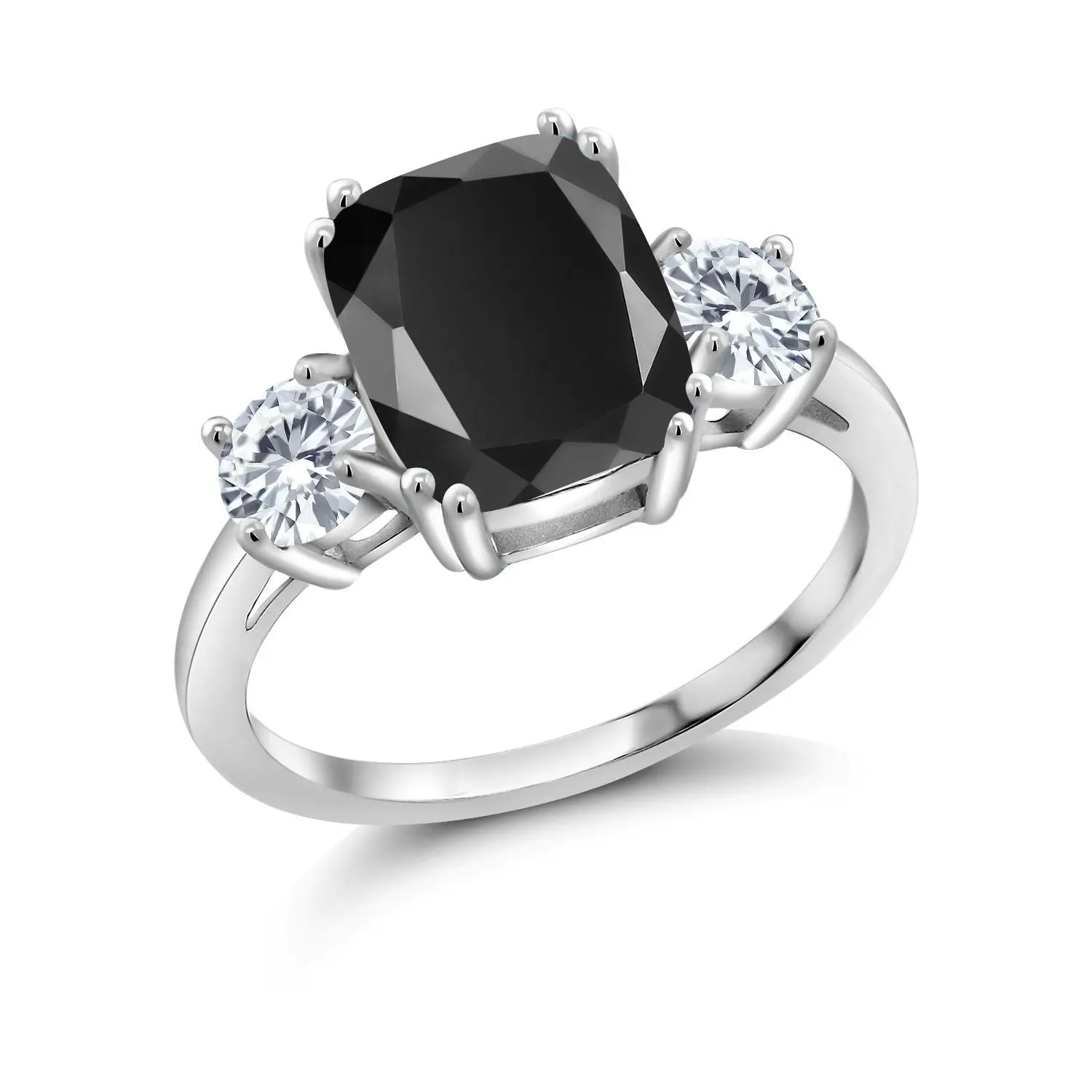 3.39 Cttw Black Onyx and White Moissanite 3-Stone Ring For Women| 925 Sterling Silver| Cushion Cut 10X8MM and Round 4.5MM| Wedding Engagement Anniveary Promise Ring