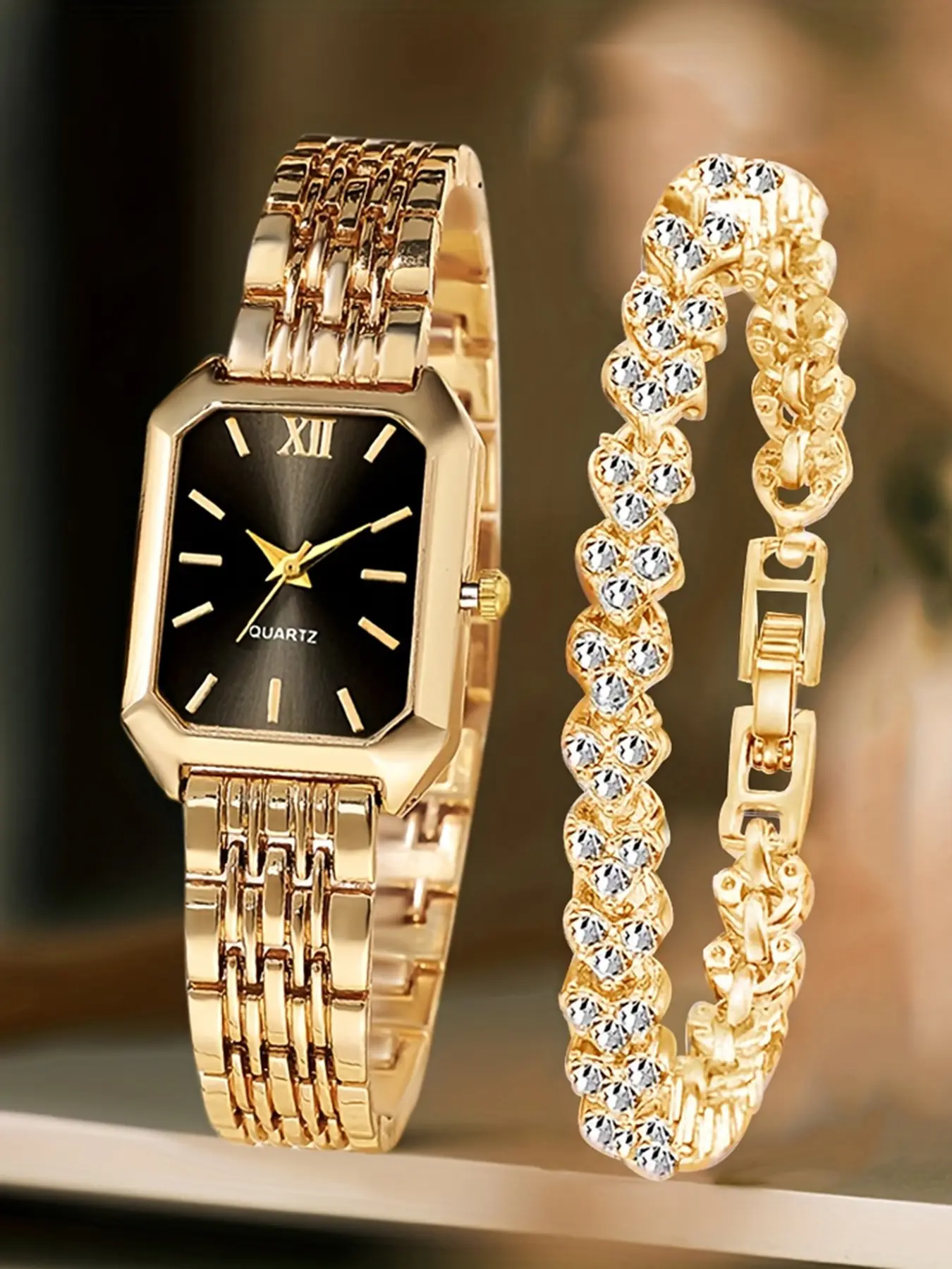 2pcs Women's Elegant Retro Fashionable Watch Set - Luxury Heart Chain Quartz Watch with Rectangular Dial & Stainless, Wedding, or Casual Attire - Classic Timepiece Gift Jewelry Watch
