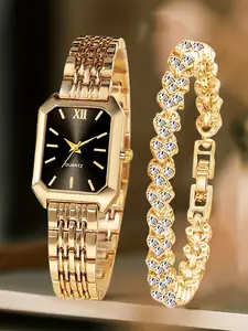 2pcs Women's Elegant Retro Watch Set - Luxury Heart Chain Quartz Watch with Rectangular Dial & Stainless, Wedding, or Casual Attire - Classic Timepiece Gift Jewelry Watch