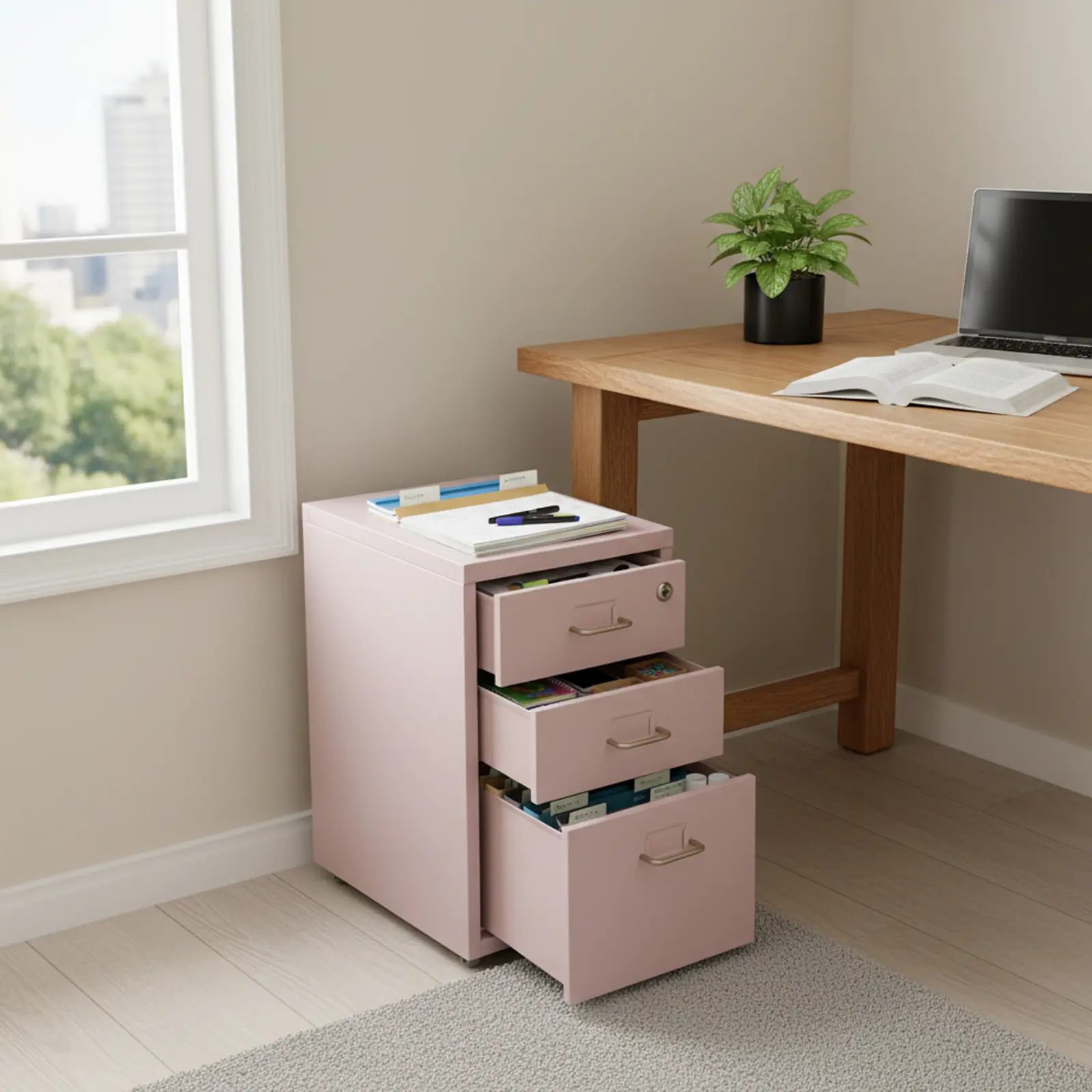 Modern Rectangular 3-Drawer Steel-PVC Paper Filing Cabinet - Pink Office Furniture with Lock, Roller Base, 30kg Capacity, Single Unit for Office, Study Storage