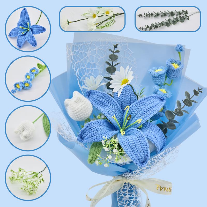 Handmade Crochet Lily Daisy Lily of Valley Bouquet Elegant Multi-color Decor Gift for Birthday Anniversary Graduation Mothers Day Valentines Day Greeting Card Included Birth Month Flowers