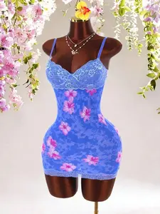Amplova Lace Cup Detail Tropical Floral Mesh Bodycon Mini Dress,Bohemian Clothes