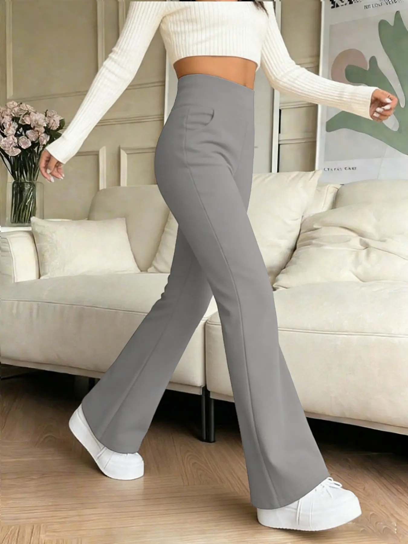 A popular casual and fashionable micro flared pants for women, slim fitting and versatile wide leg pants, suitable for all seasons, suitable for home, indoor, and outdoor wear