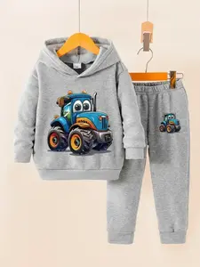 Boys' Fall Winter Fleece Set, Cartoon Tractor Print Hoodie & Jogger Pants, Casual Warm Fashion for Kids, Perfect Gift Idea, Clothes Kids