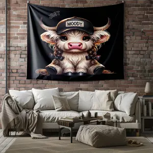 Adorable Highland Cow Tapestry, High-Quality Fabric, Personalized "Just Moody" Wall Decor, Western-Style Background Cloth for Bedroom & Dorm, Top Choice for Fun Gifts to Friends