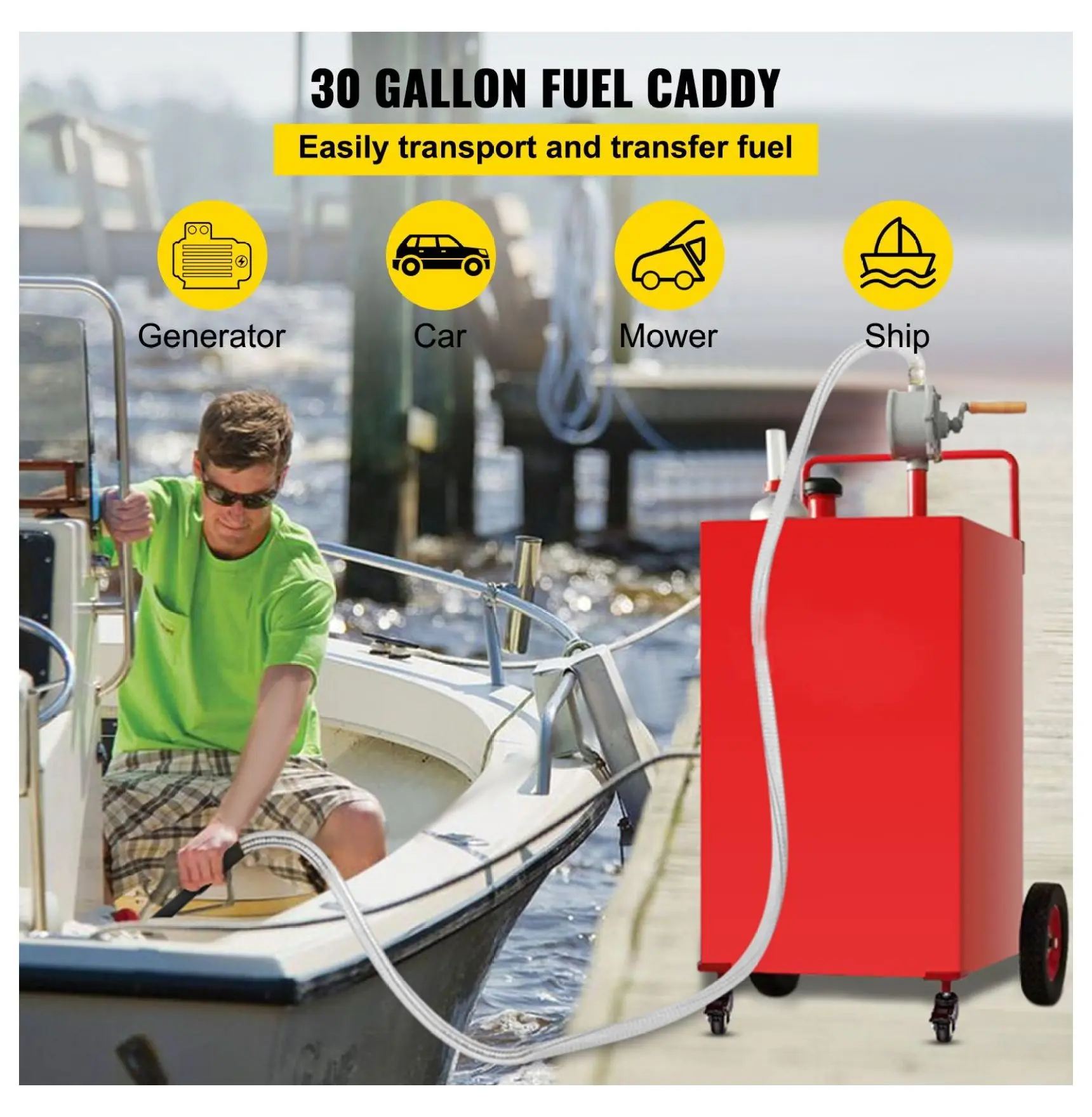 30 Gallon Fuel Caddy with Pump & Wheels - Gas Tank for Gasoline, Diesel, Kerosene - Portable Fuel Storage Container for Cars, ATVs, Boats - Red
