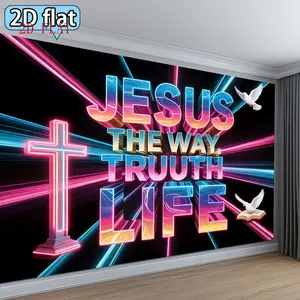 2D flat. 1pc Jesus Faith Neon Color Theme Tapestry Banner Background Cloth Christian Religious Decoration