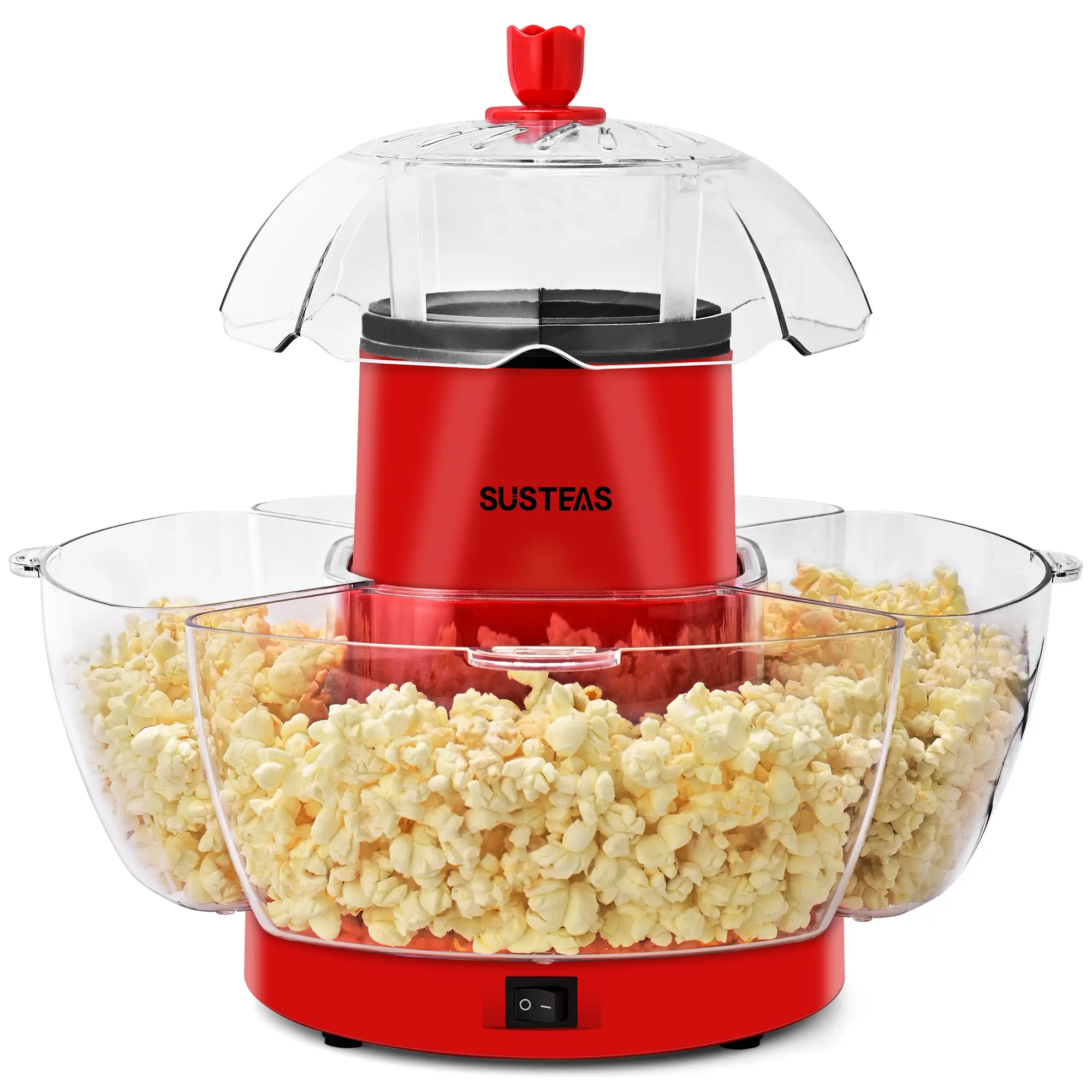 SUSTEAS Oil‑Free Hot Air Popcorn Maker, No‑Oil Healthy Popcorn Popper Machine, Overheat Protection Design, Compact Space‑Saving Round Base, High‑Efficiency Hot‑Air System for Crispy Popcorn, Includes 4 Serving Bowls & Measuring Cup for Home Movie Night