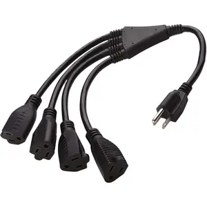 4 Way Power Splitter - 1 to 4 Extension Cord Splitter, 1.5' Short Extension Cord UL Listed, Outlet Splitter 3 Prong, Power Strip Outlet Plug, Y Style Extension Cord, Black, SJT 16 AWG by