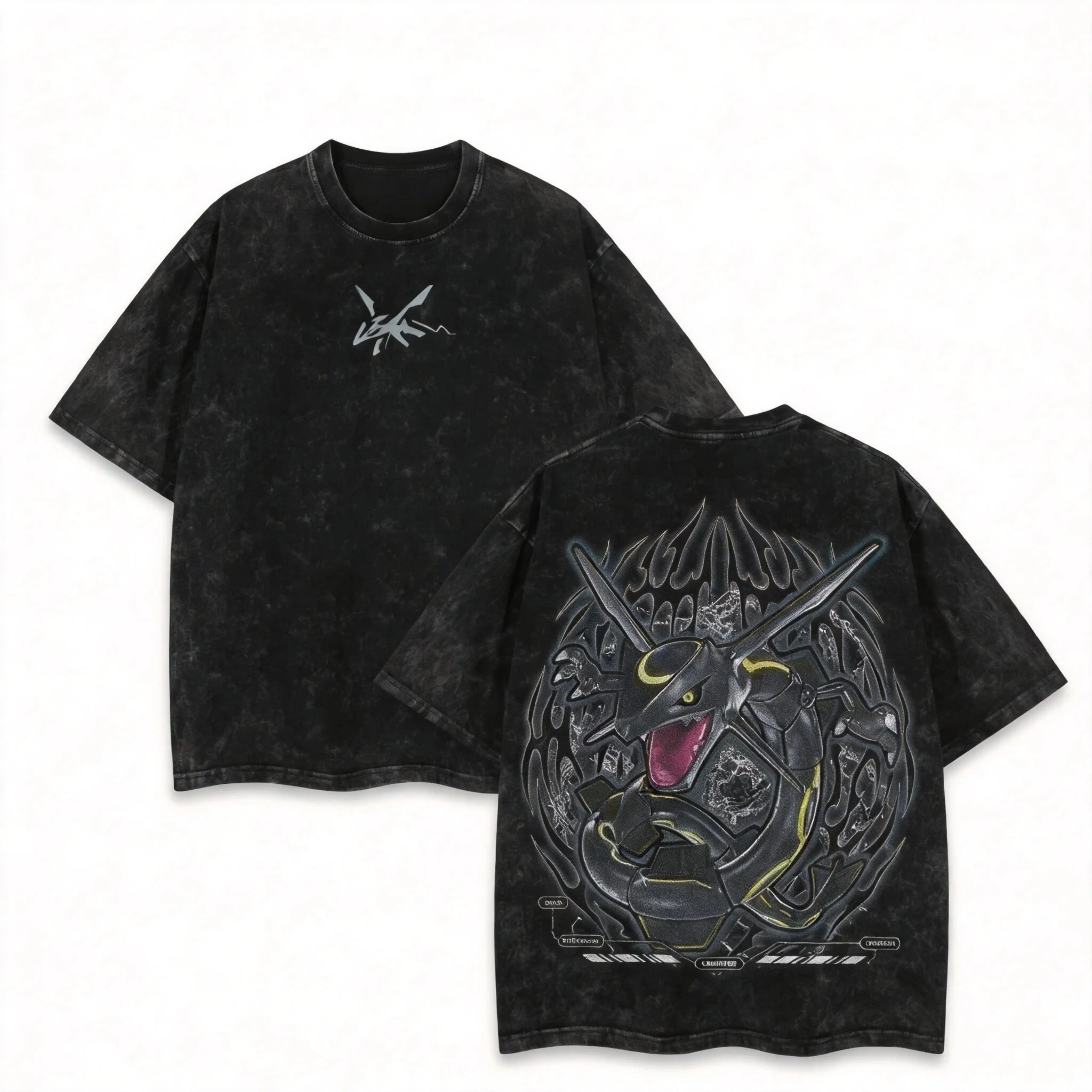 Men's Retro Rayquaza Graphic Oversized T-Shirt, Double-Sided Printed Washed Cotton Y2K Anime Casual Loose Street Top, Unisex Black Streetwear Tee