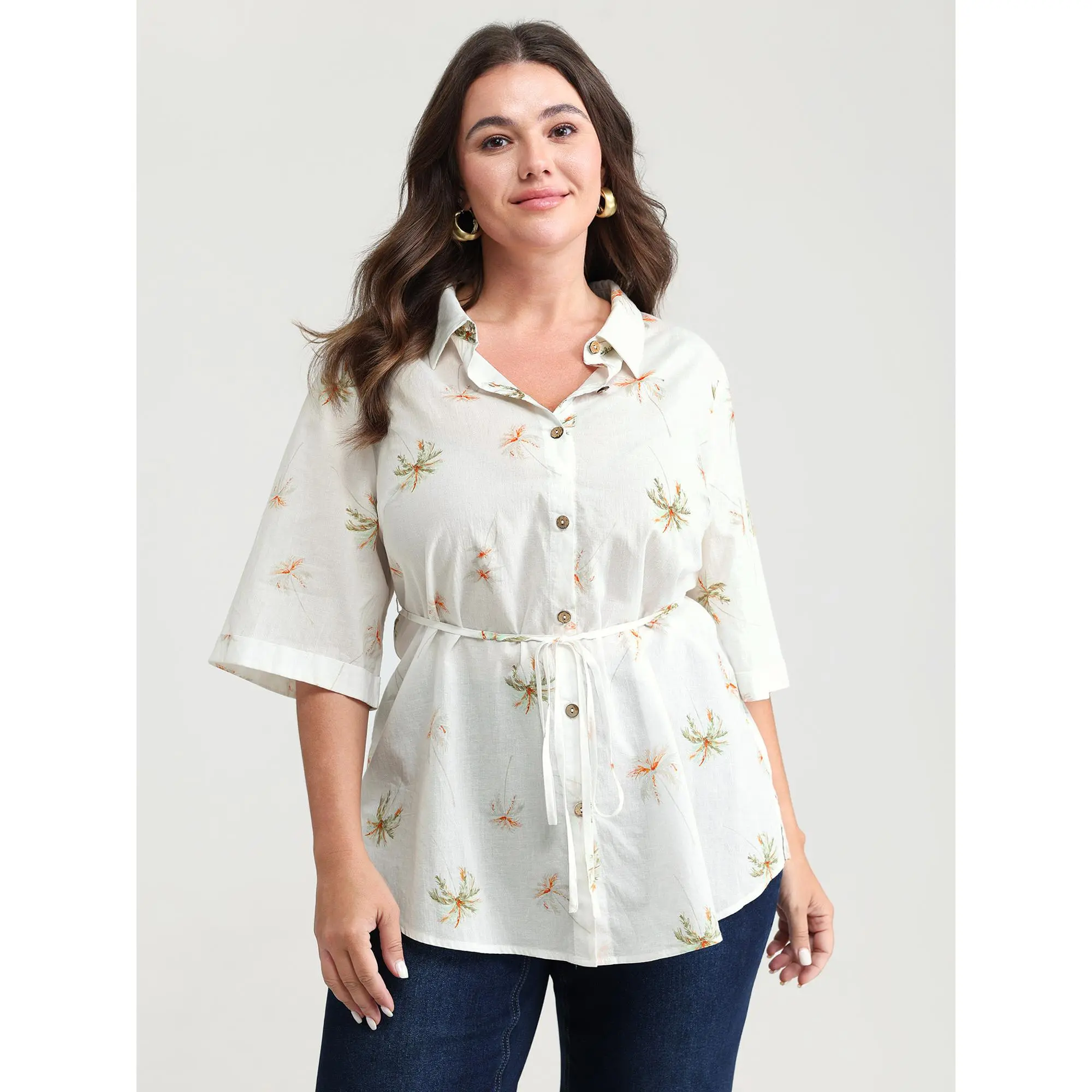 BloomChic Plus Size Women's Casual Tropical Print Cotton Blouse, Button Front Tunic Top with Gathered Lace Sleeves, Shirt, Comfy Casual, Half Sleeve, Smooth, Garment