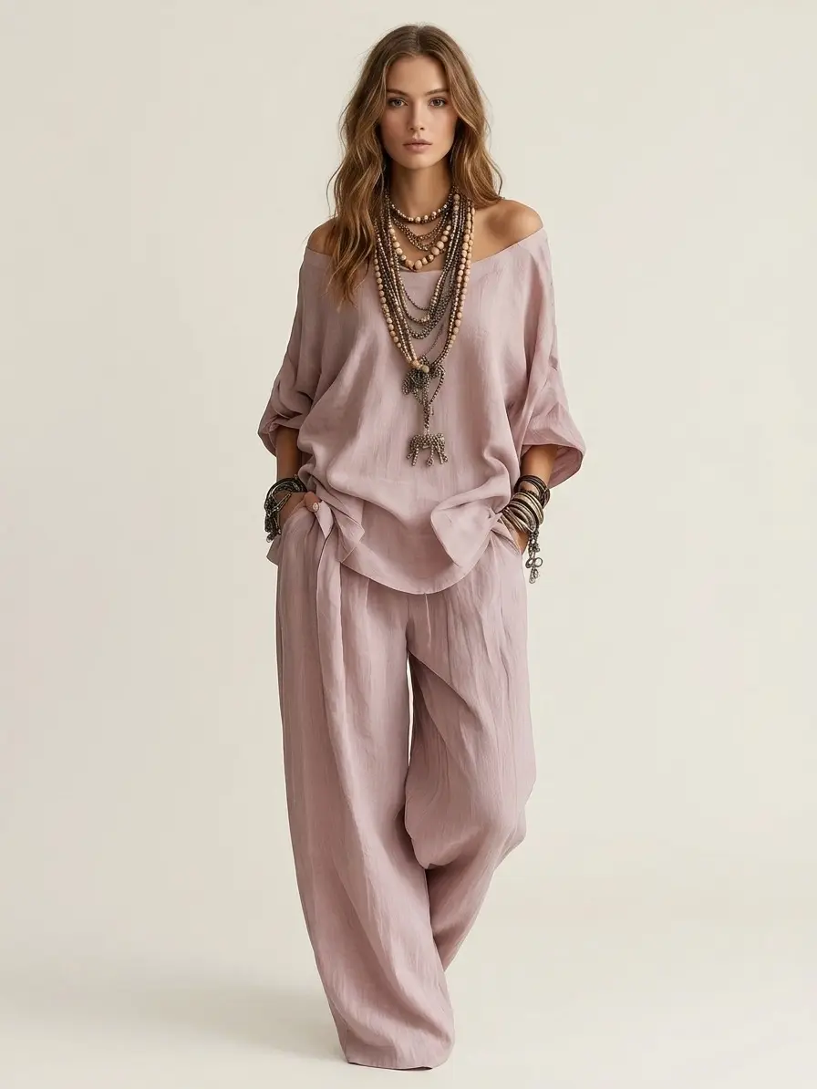 2026 Spring Summer US Minimalist Multi Color Linen Blend 2 Piece Outfit Women Off Shoulder 3/4 Sleeve Loose Top High Waist Wide Leg Palazzo Pants Set Breathable Casual Beach Vacation Travel Matching Suit S-XXXL, Long Sleeve, Outfits, Women's Clothes, Styl