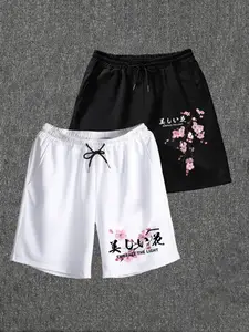 Cherry Blossom Print 2PCS Shorts. Black & White Set. Summer Must-Have! 2-Pack Loose Fit Sakura Sweat Shorts.