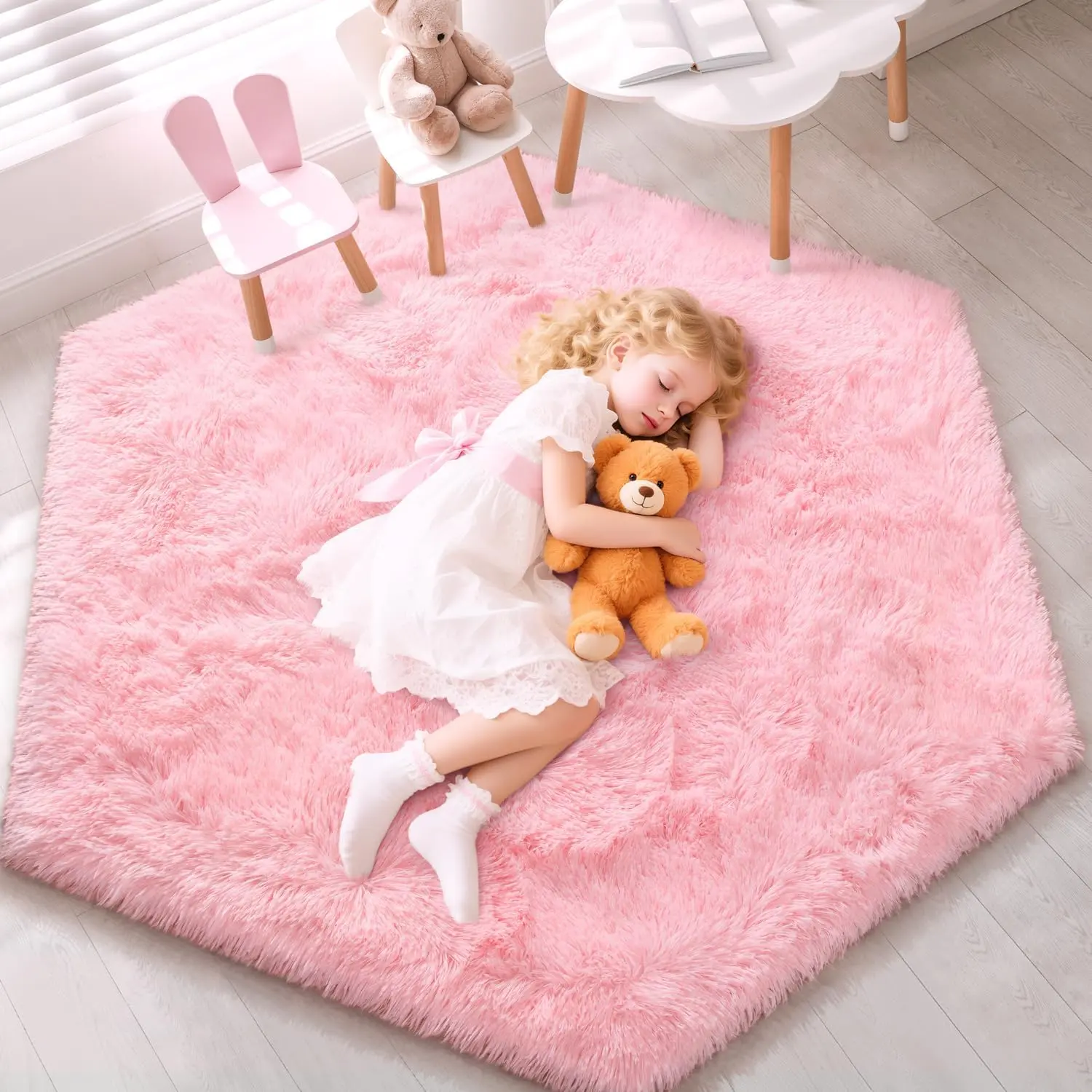 Pink Hexagon Geometric Plush Rug - 4x4.6ft Cozy Texture Furry Carpet, Princess Theme Accessory for Kids' Nursery & Teen Girls' Bedroom, Girl, Hexagon Shape, Rug Mat