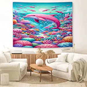 Vibrant Dolphin Trendy Healing Decor Tapestry (1 Pc) Features Vibrant Printing and Draped Fabric with Vibrant Dolphin Pattern, Ideal for Young Trendsetters, Ocean Users and Decor Fans, Fits Bedroom Walls, Dorms and Living Room Walls